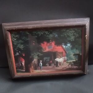 Framed Country Farm Print with Red Barn and White Horse